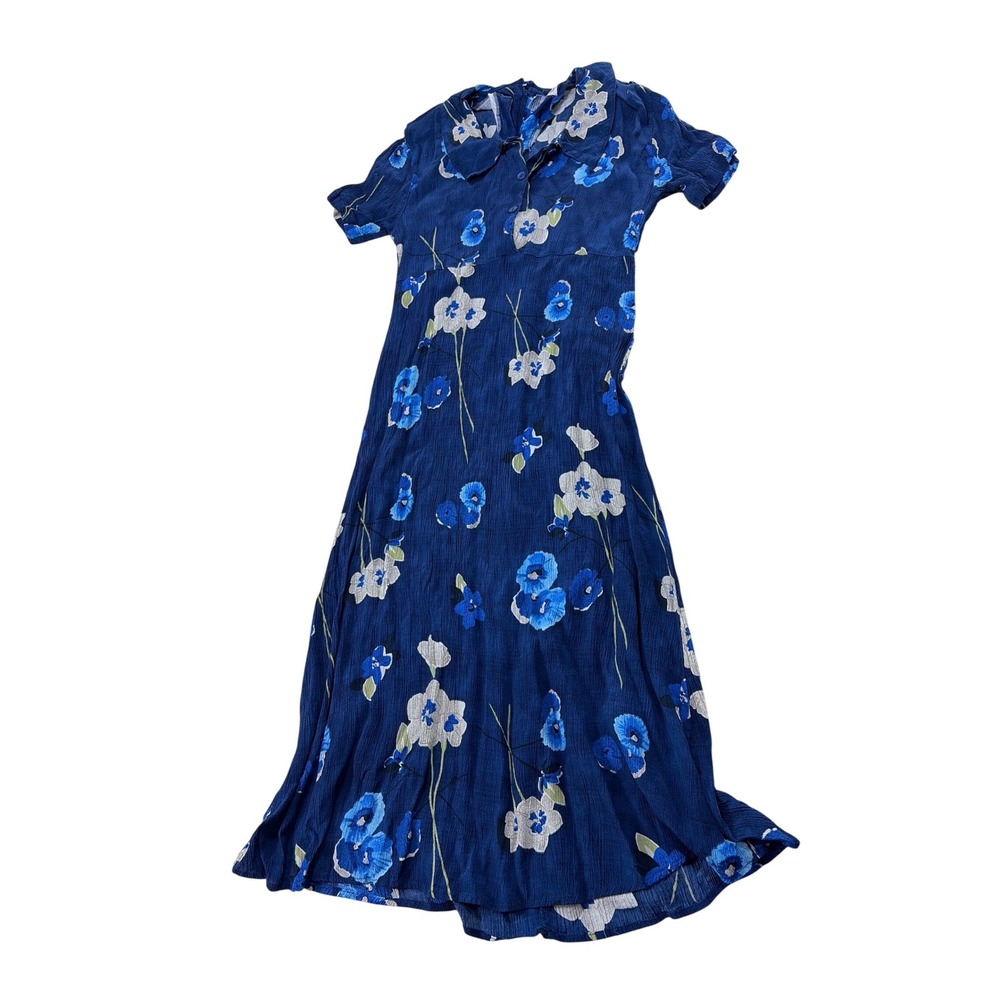 Better Me Blue Floral Crinkle Rayon Midi Dress Short Sleeve Peter Pan Collar M